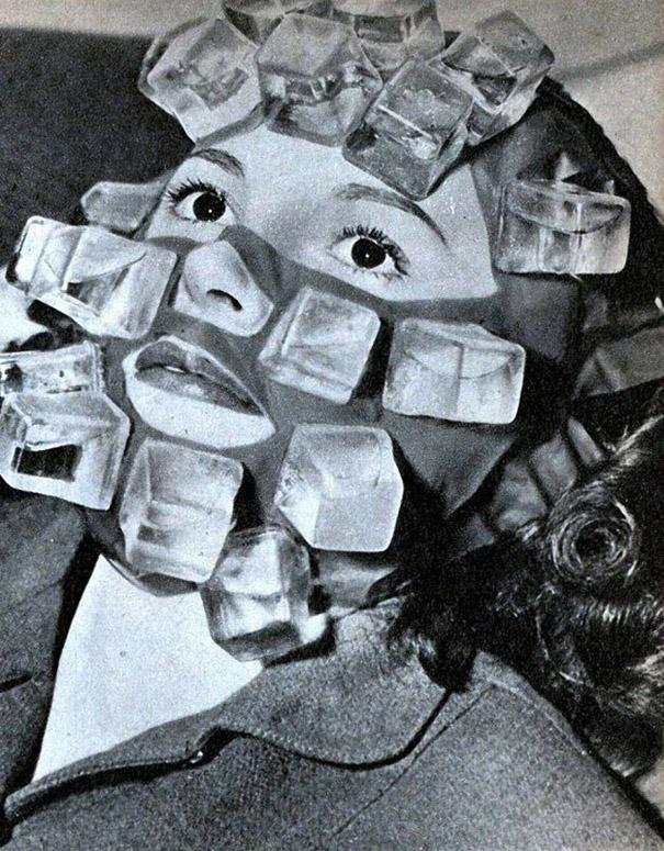 The ‘Hangover Heaven’ face pack, also invented by Max Factor, featured plastic cubes that could be filled with water and frozen. The mask was popular with party-going Hollywood stars in t