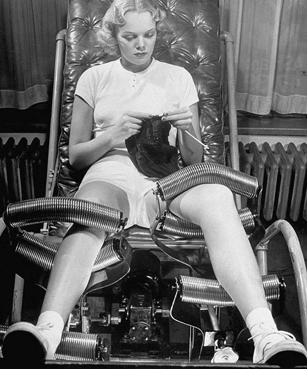 ‘Slenderising salons’ in the forties devised all sorts of weight-loss treatments, one of which was massage chairs like these, which massaged clients’ legs with metal rollers