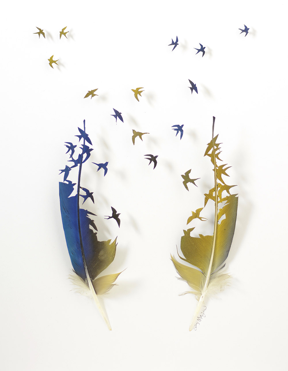 Umělec ručně vyřezává siluety ptáků z jejich peří